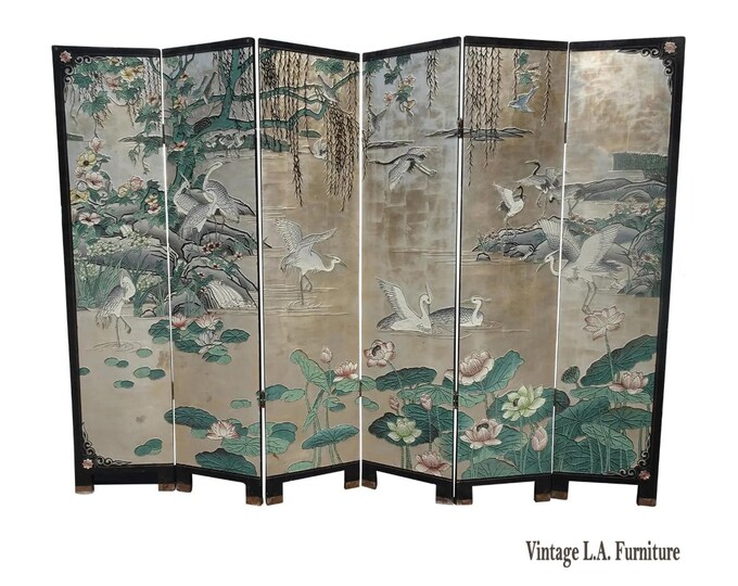 Vintage Silver Chinese Asian Six Panel Screen ~ Room Divider w Heron Birds