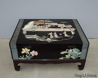 Vintage Oriental Asian Black Chinoiserie Coffee Table Storage Box w Mother of Pearl