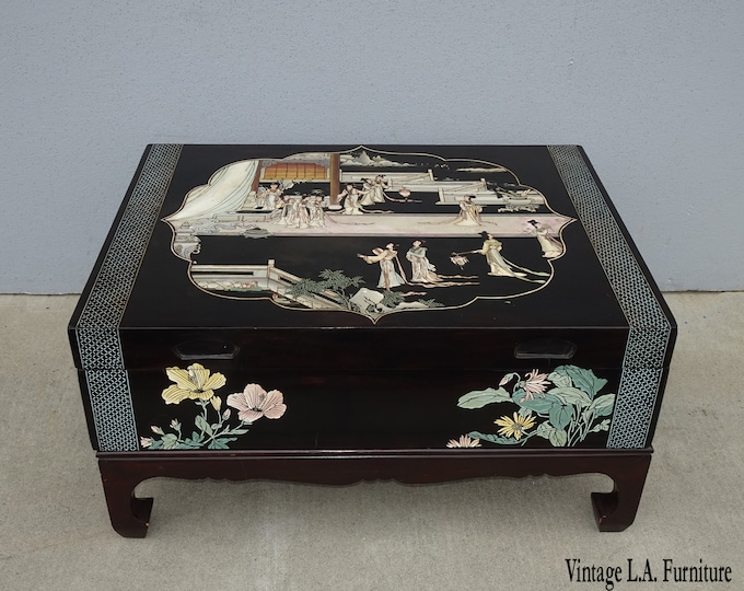 Vintage Oriental Asian Black Chinoiserie Coffee Table Storage Box w Mother of Pearl