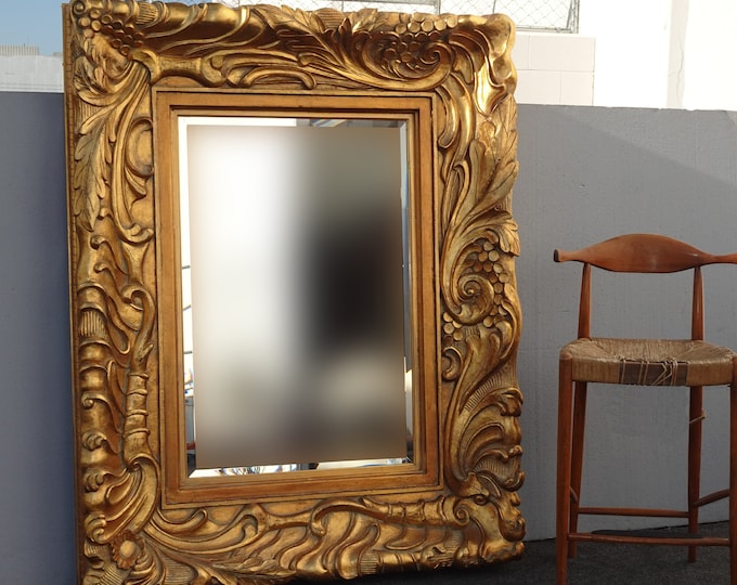Large 57"Hx45" Vintage French Ornately Carved Gold Wall Mantle Beveled Mirror