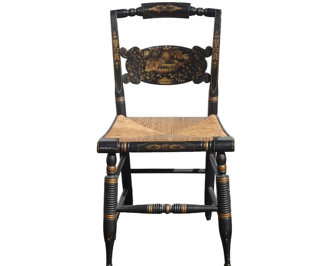 Vintage L. Hitchcock French Country Black Turtle Back Rush Seat Chair Stenciled