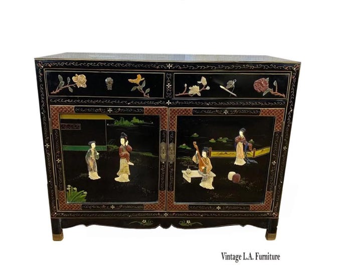 Vintage Chinese Asian Black Lacquer Cabinet Side Entry Table w Stone Onlay