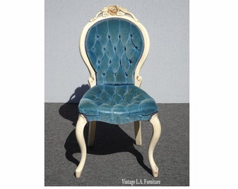 Vintage Victorian Blue Velvet Tufted Chair w Floral Motif by Kimball