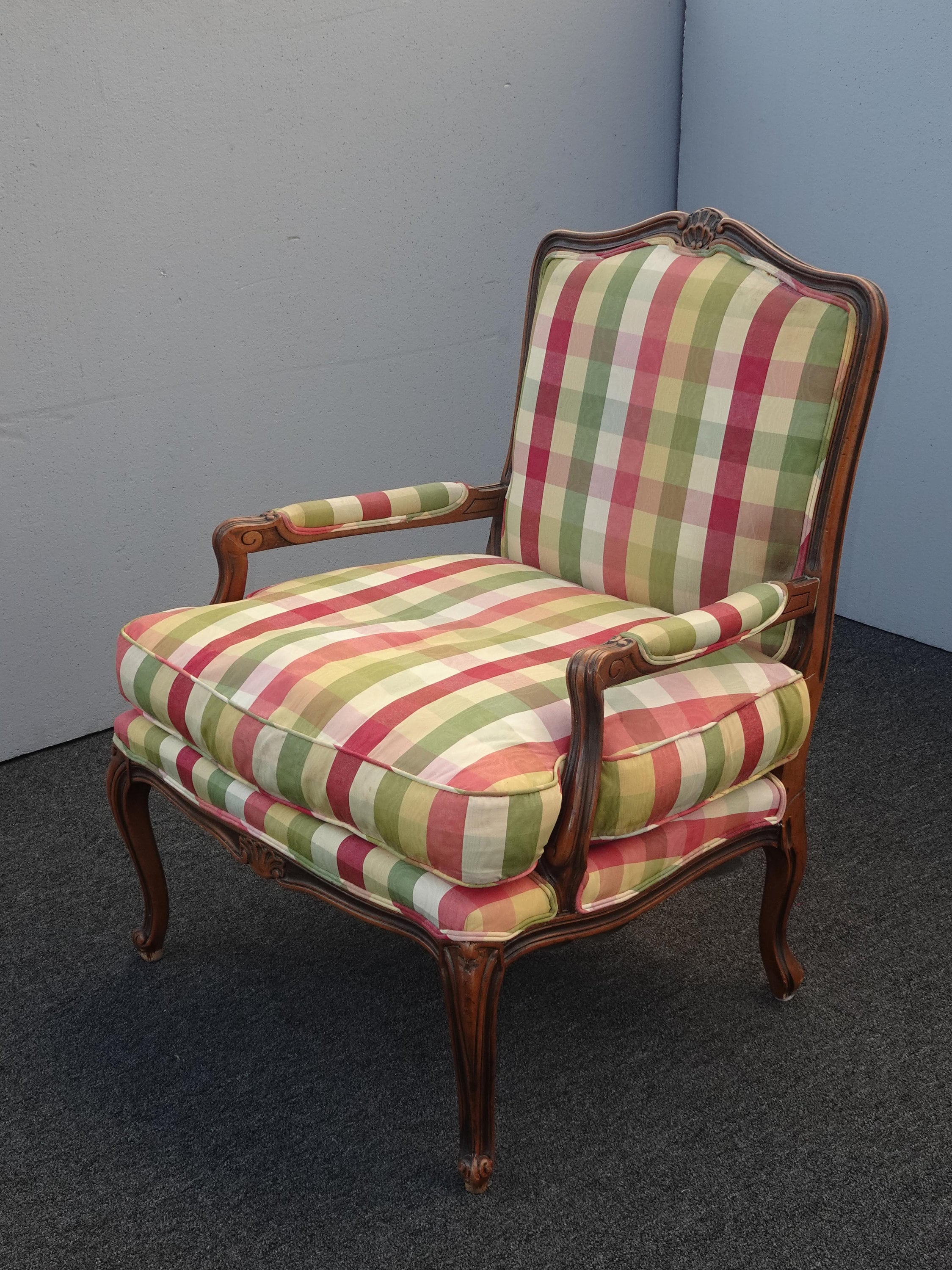 Vintage French Country Red Green Plaid Accent Chair W Down