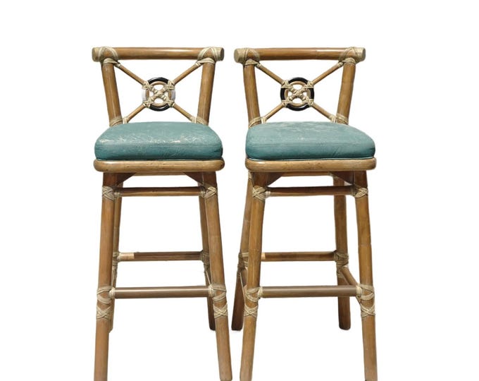 Pair Vintage McGuire Bamboo Barstools w Leather Straps & Brass Footrests