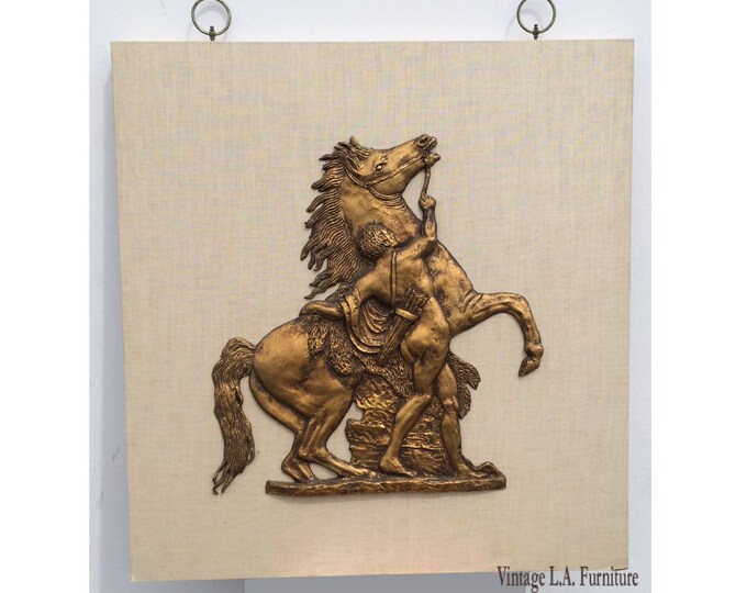 Large Gold Picture Renaissance Man & Horse Tamer Wall Plaque Hollywood Regency