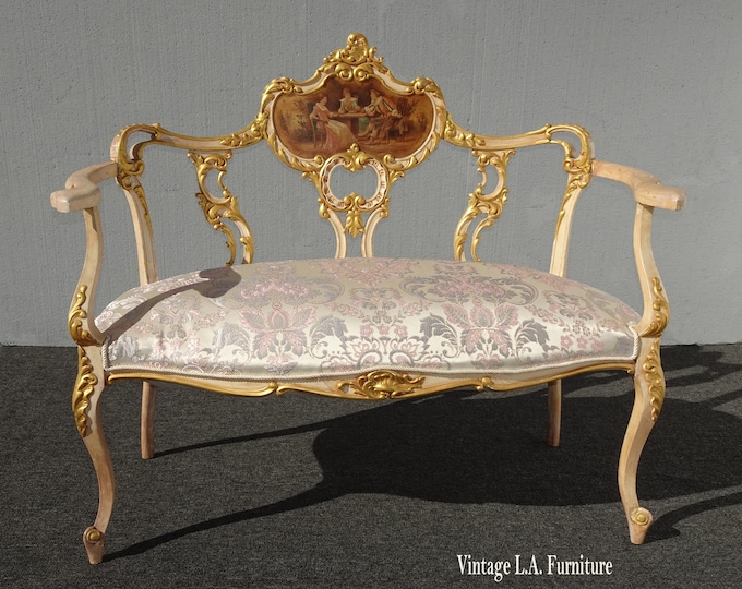 Vintage French Louis XVI Ornate Pastel Pink and Gold Two Seater Settee