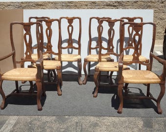 Set of Eight Vintage French Country Rush Seat Dining Chairs
