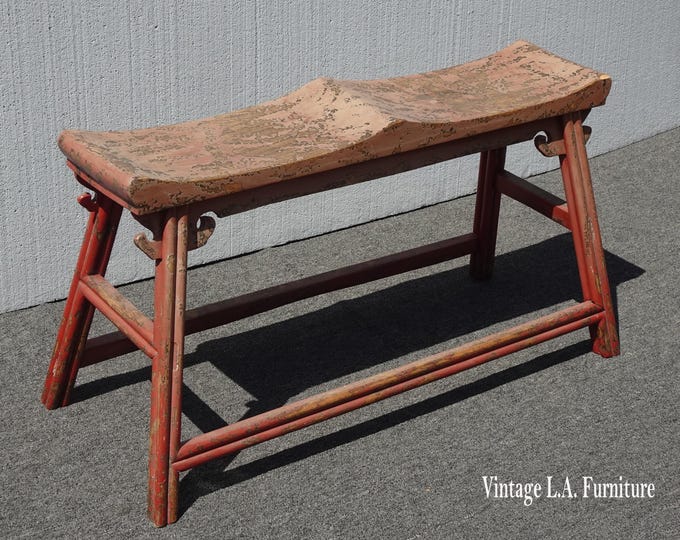 Vintage Rustic Asian Influence Teak Bench w Crackle Finish Seat