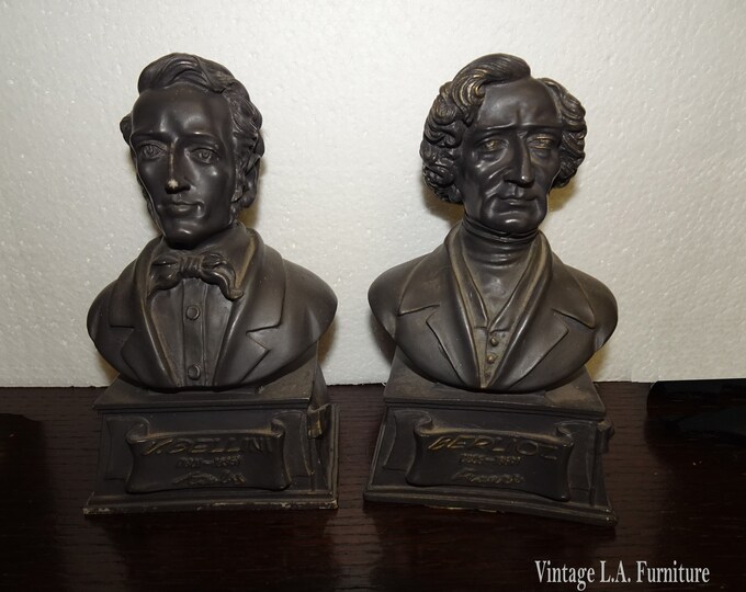 Pair Vintage Miniature Black Busts of Bellini 1429c Italy & Berlioz 1800c France
