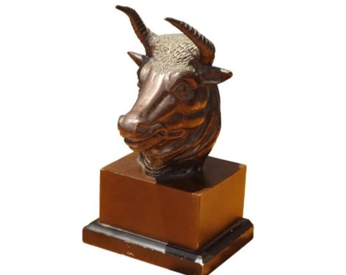Vintage Bronze Bust of a Bull Statue on a Wooden Base 8 1/2" High