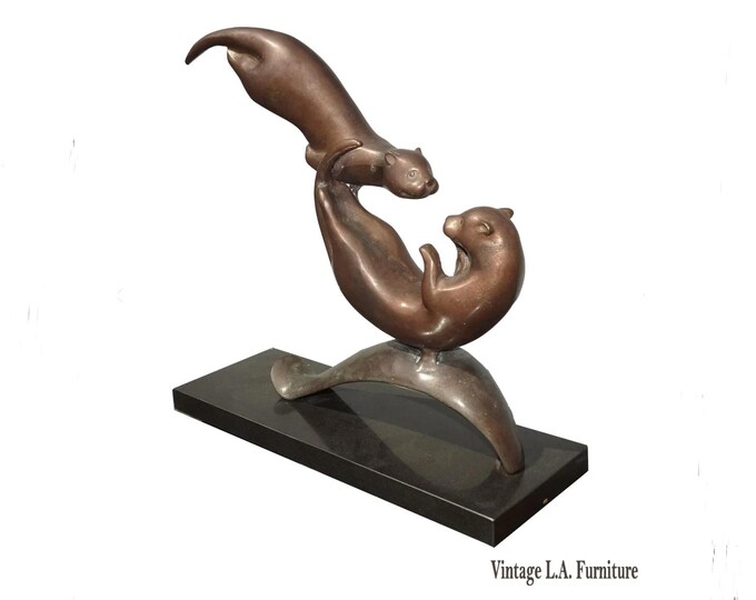 Vintage Bronze Balancing Swimming Otters Statue ~ Sculpture