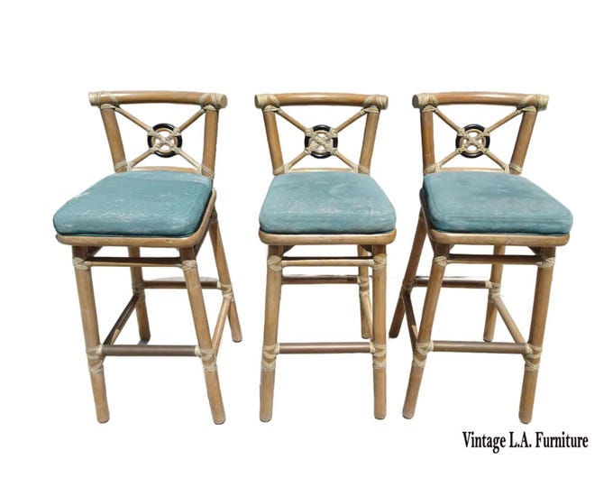 Set of Three Vintage McGuire Bamboo Barstools w Leather Straps & Brass Footrest