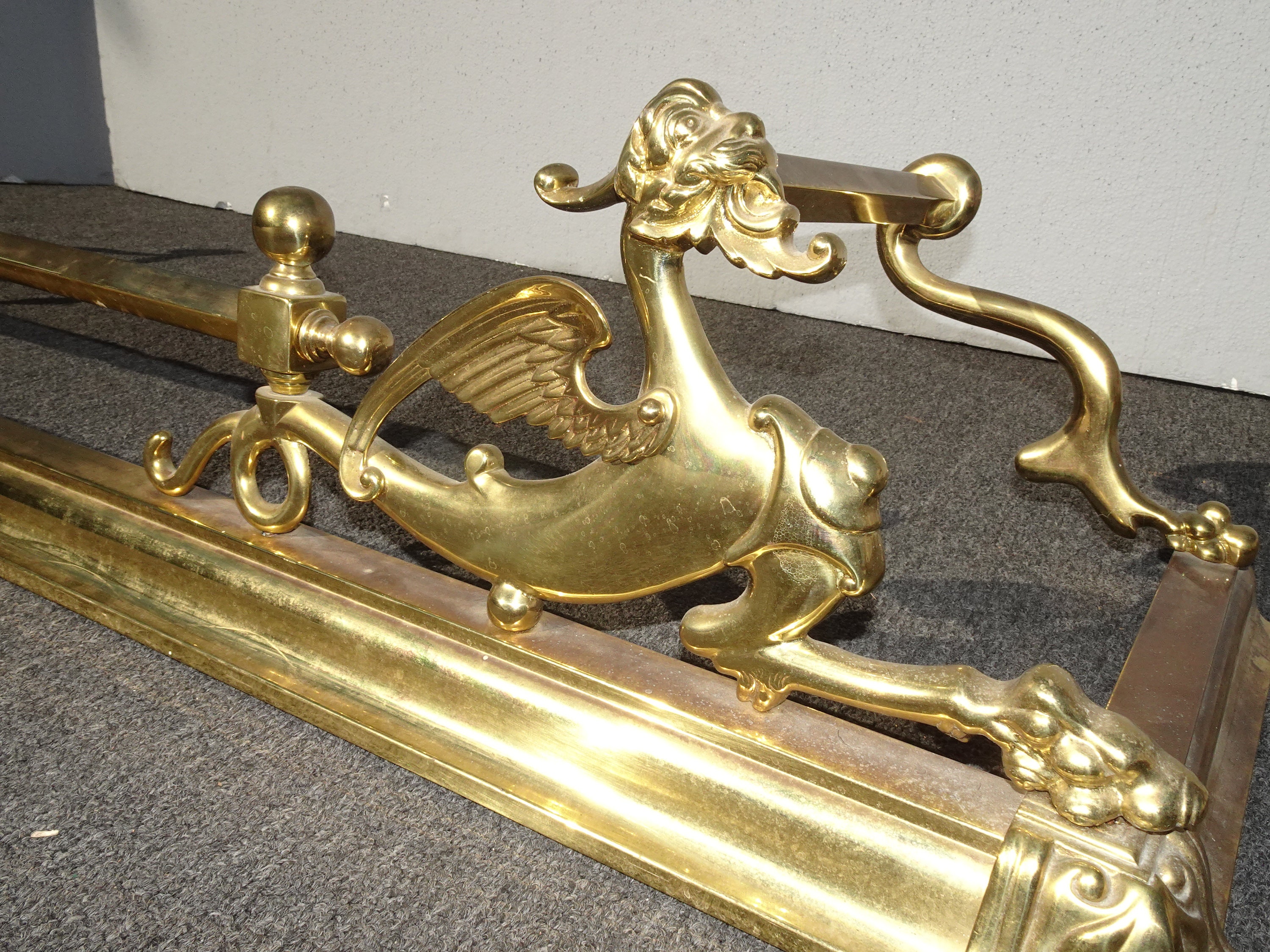 Vintage French Country Brass Fireplace Fender w Dragon Accents on Each Side