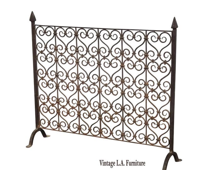 Vintage French Country Wrought Iron Fireplace Screen with Finials