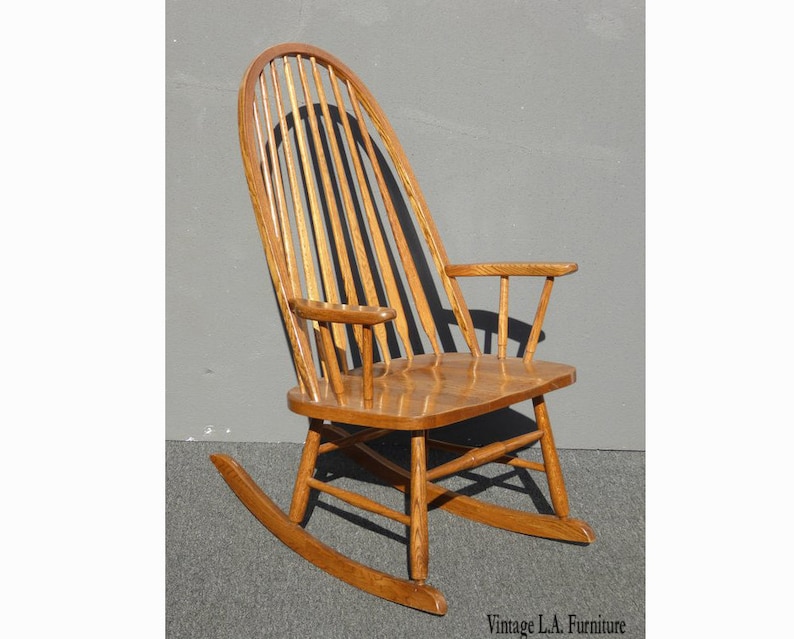 Vintage Mid Century French Country Oak Windsor Rocking Chair Image 0