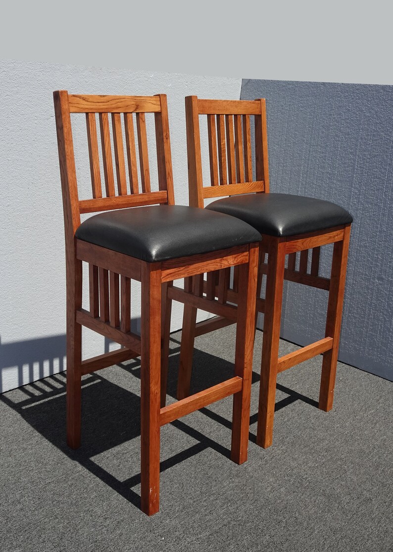 Pair of Two French Country Oak Bar Stools w Black Seat Barstools