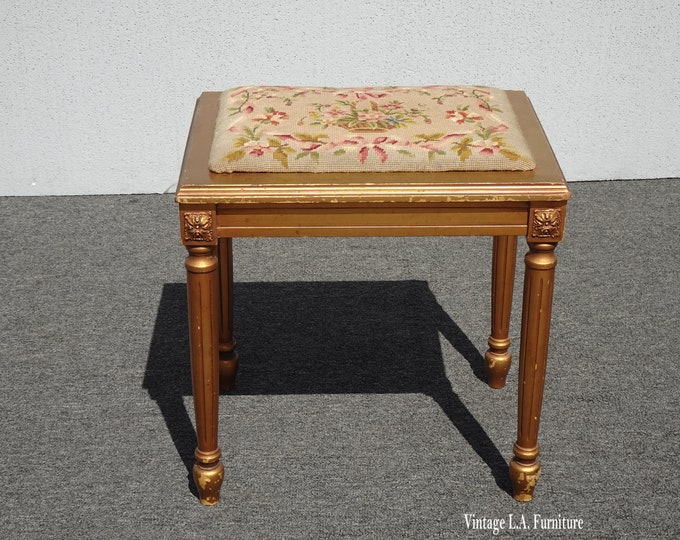 Vintage French Provincial Gold Gilt Bench Stool w Floral Needlepoint Tapestry