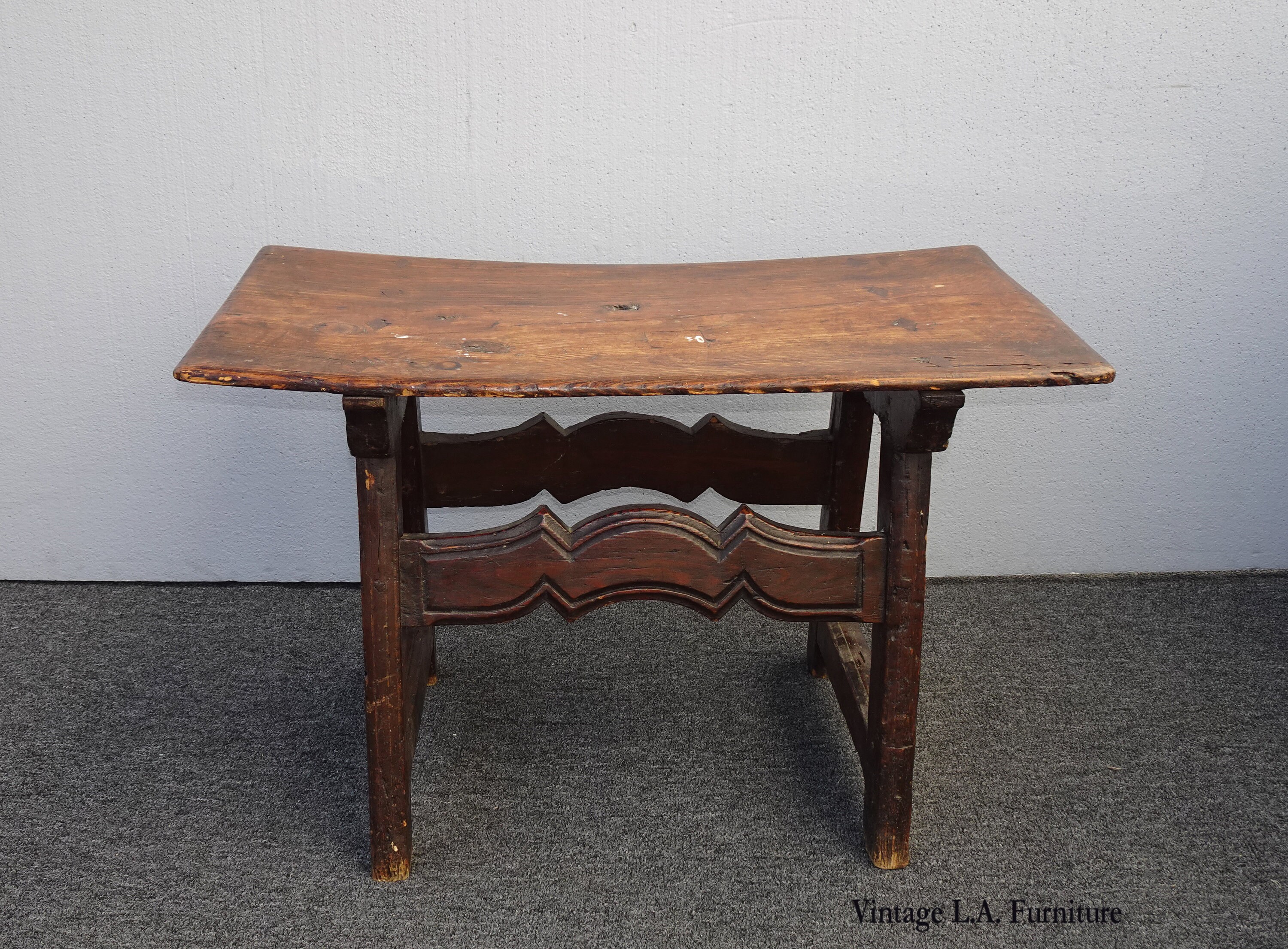 Vintage French Country Rustic Primitive Farmhouse Curved Seat Bench Stool