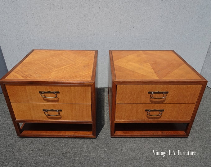 Pair of Vintage Baker Furniture French Regency Burl Nightstands