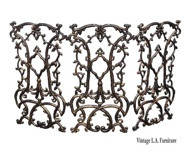 Vintage French Country Style Black w Gold Ornate Three Panel Fireplace Screen