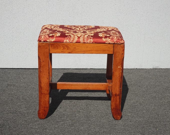 Vintage French Style Bench Stool w Red Floral Fabric