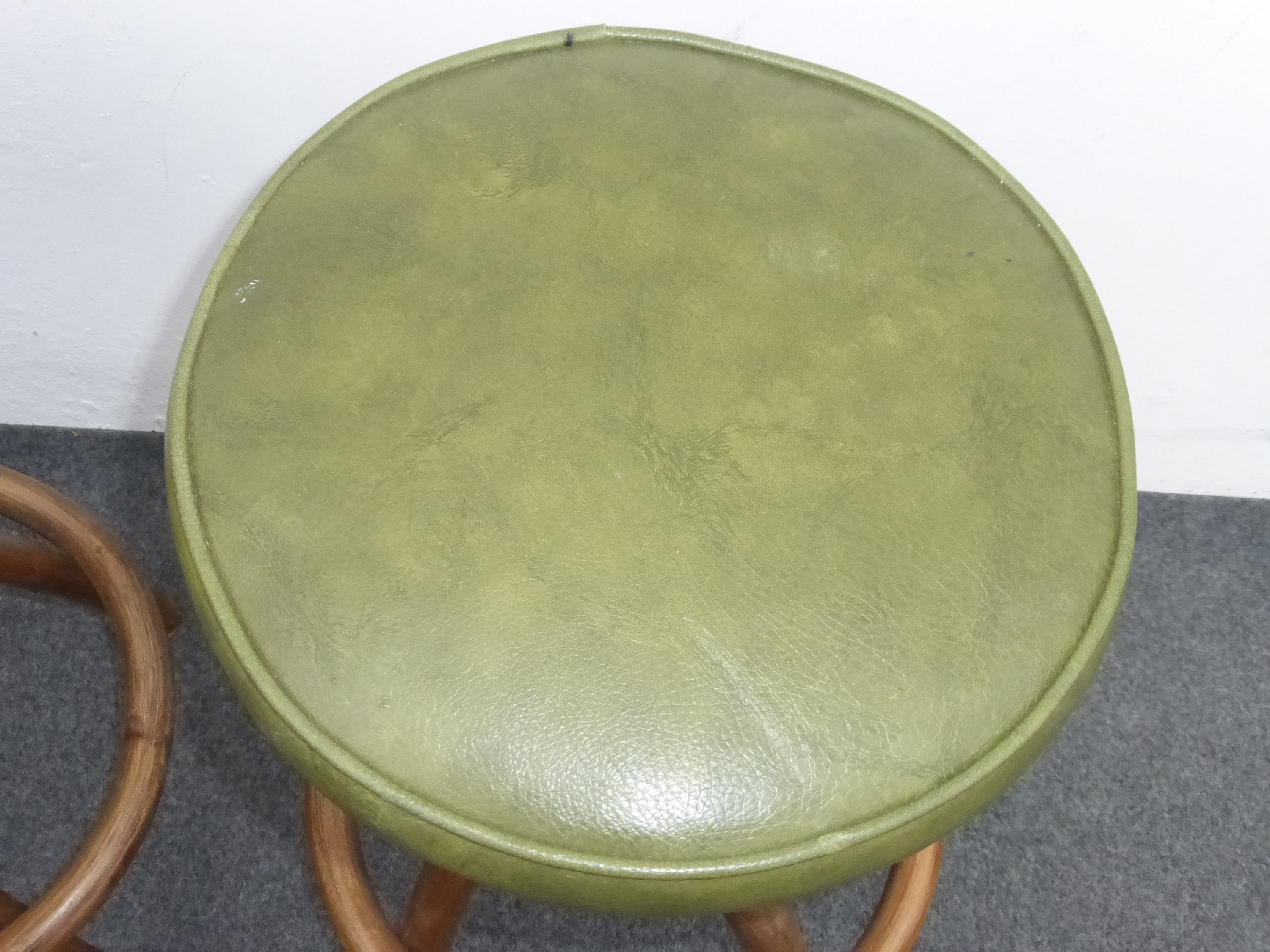 Pair Unique Vintage MidCentury Modern Green Vinyl Bentwood Bar Stools