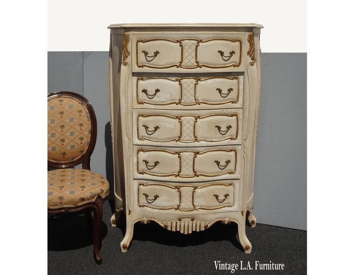 Vintage French Country Off White Tallboy Dresser with Gold Trim Chest of Drawers
