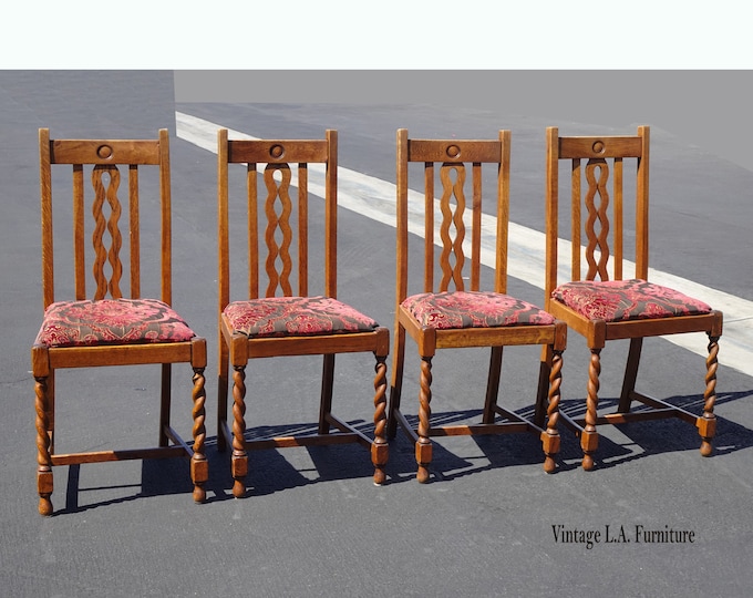 Set of Four Vintage Mission Style Barley Twist Oak Dining Room Chairs