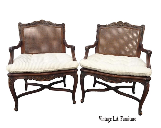 Pair French Provincial Louis XVI Cane Armchairs Chairs White Cushion & Stretcher