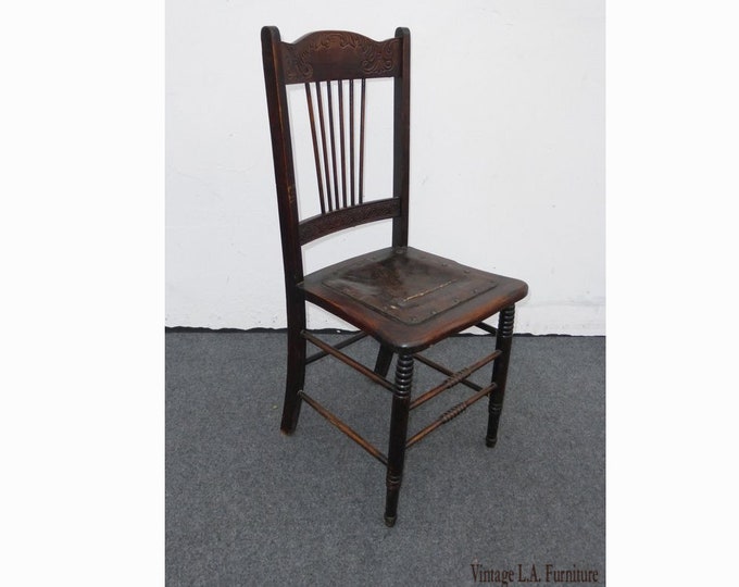 Unique Antique Carved Rustic Farmhouse Wood Accent Chair w Leather Seat Spanish Style