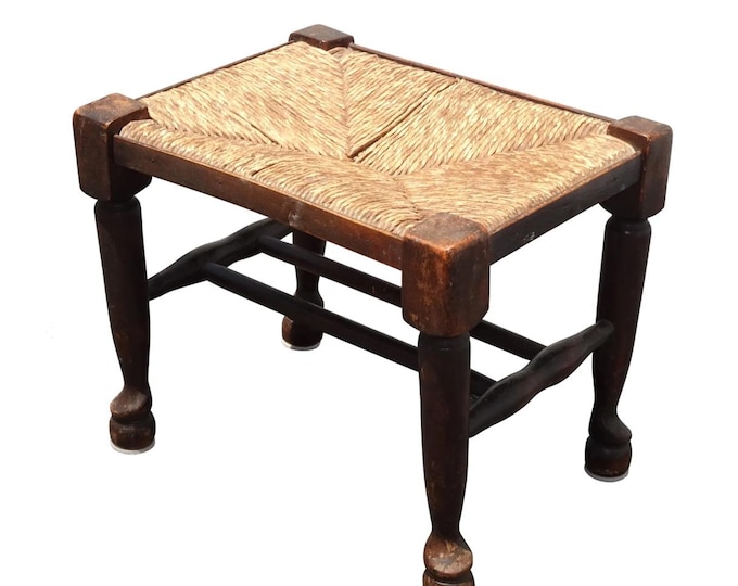 Vintage French Country Rush Footstool Stool Ottoman w Rush