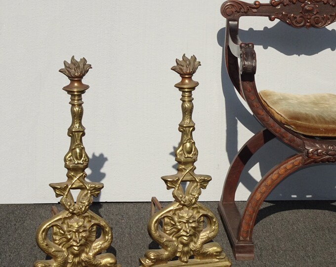 Pair Antique 19th Century Lions Koi Fish w Torch Flame Brass Fireplace Andirons