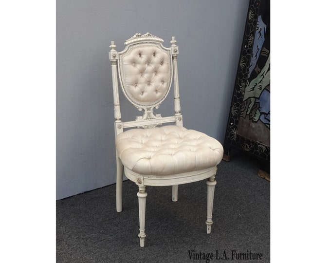 Vintage French Chair Rococo Louis XVI Style Off White Tufted Ornately Carved