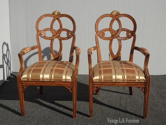 Pair French Country Ribbon Back Georgian Gold Rose Arm Chairs