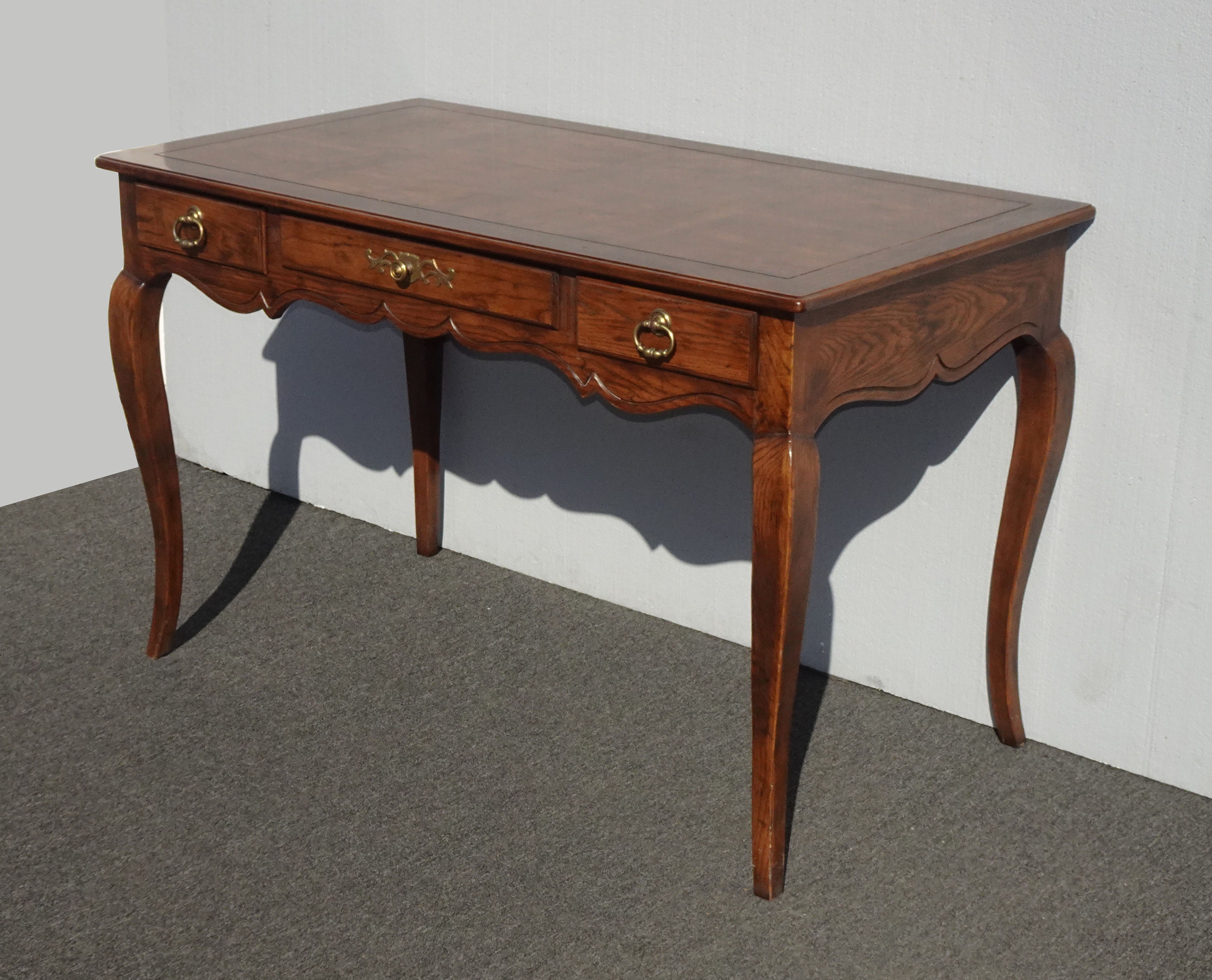 Vintage French Country Henredon Oak Writing Desk w Three Drawers