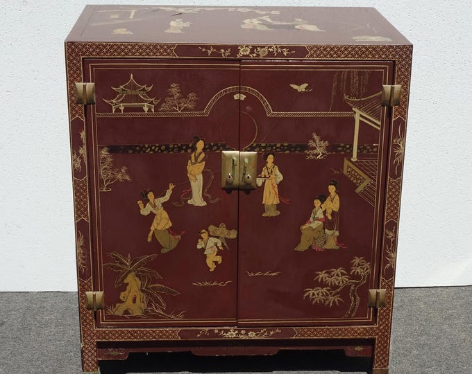 Vintage Chinese Asian Burgundy Lacquer Floral Chinoiserie Cabinet ~ Side Table