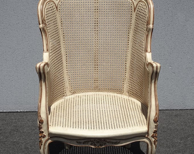 Vintage French Provincial Creme & Gold Bergere All Cane Side Chair