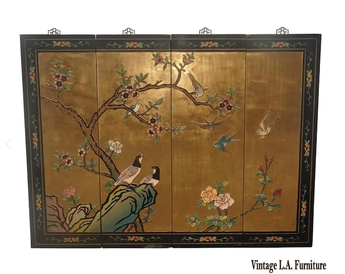 Oriental Asian Four Panel Screen Gold Chinoiserie Coromandel Picture Wall Decor