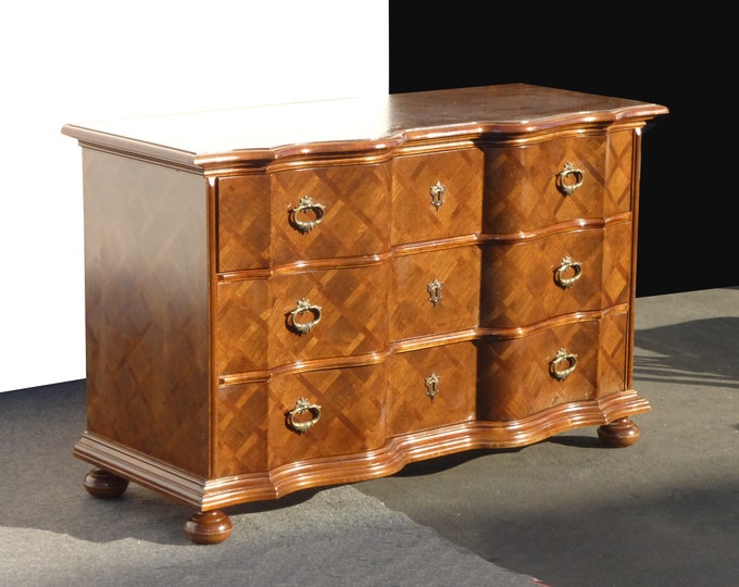 Vintage French Country Sideboard Dresser Wood Parquet Serpentine Top Made in Italy Buffet