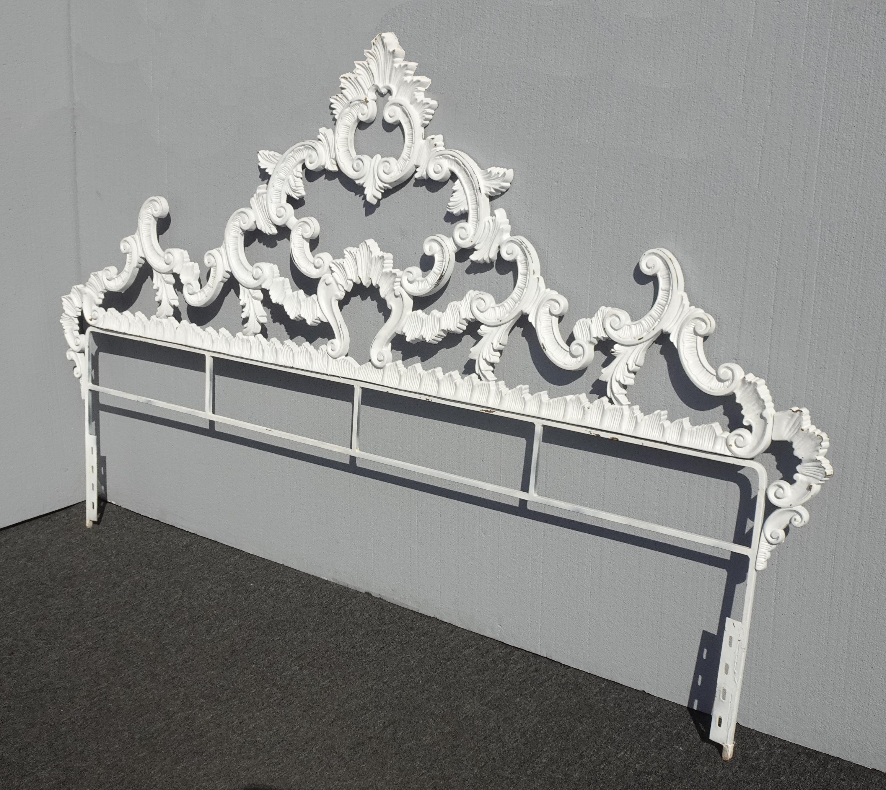 Vintage French Provincial Louis XVI Rococo White Metal King Headboard