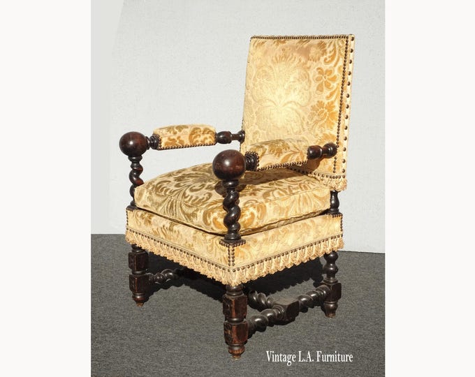 Antique Louis XIV Renaissance Ornate Gold Chair Down Cushion & Ball Handrests