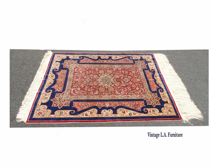 Vintage Hand Knotted Wool w Silk Blue and Red Area Rug with Fringe ~ Signed