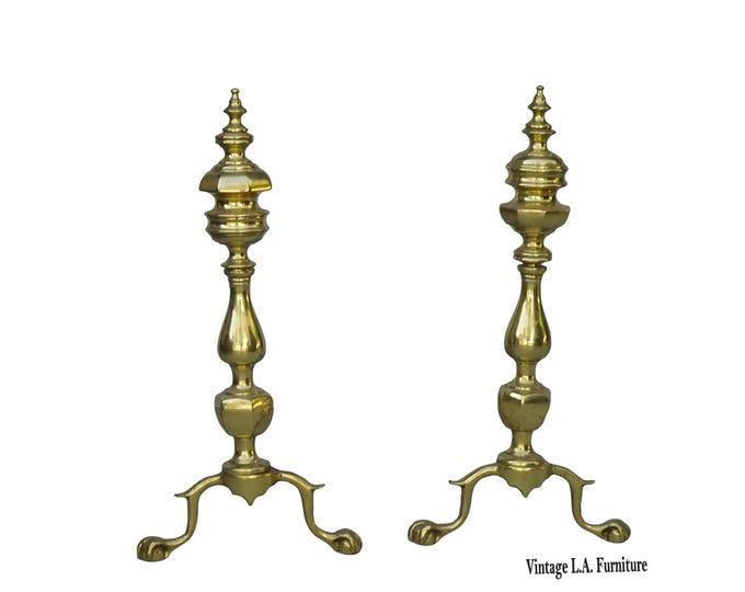 Pair of Vintage American Federal Brass Andirons w Wrought Iron Log Holders