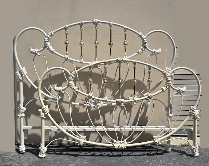 Vintage French Elliott's Designs White Iron Queen Headboard & Footbaord #6