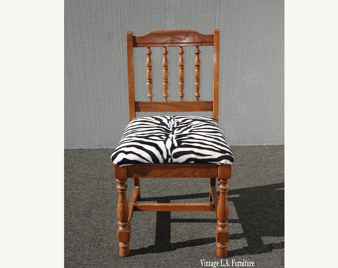 Vintage French Country Oak Vanity Side Chair w Zebra Print Fabric