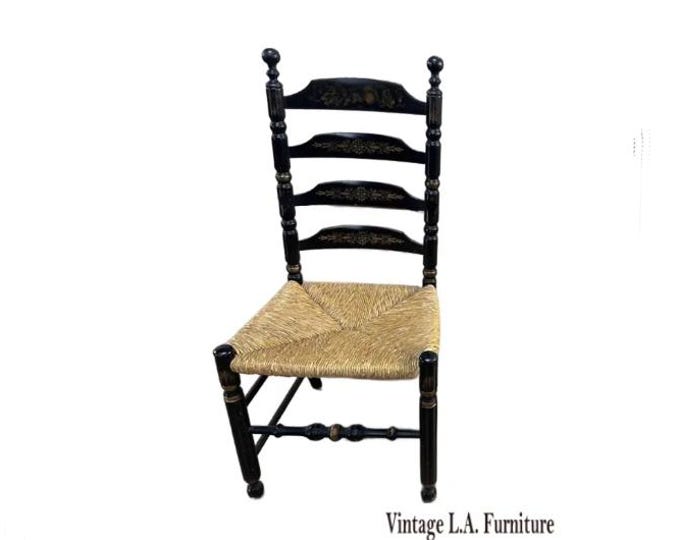 Chair Vintage L. Hitchcock French Country Black Ladder Back Rush Chair Stenciled