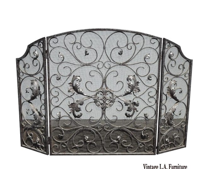 Vintage French Country Silver Ornate Three Panel Fireplace Screen