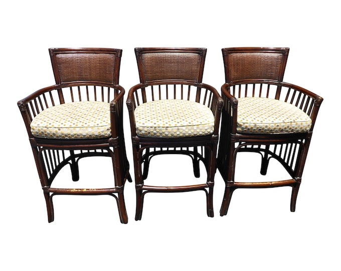 Set Three Vintage Barstools Tradewinds Tiki Palm Beach Rattan by David Francis Bar Stools