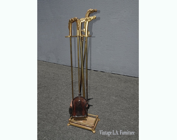 Vintage French Country Brass Fireplace Tool Set W Horses Head Handles